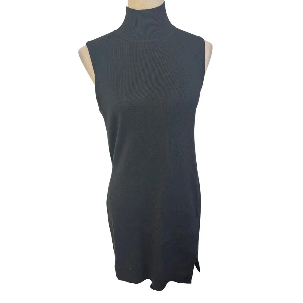 Cable and Gage Black Ribbed Mock Neck Sleeveless Side Slit Dress